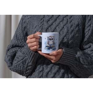 Win Ovro Premium Beyaz Porselen Hediye Kupa Bardak Çift Yönlü Baskı - Gözlüklü Baykuş Kitap