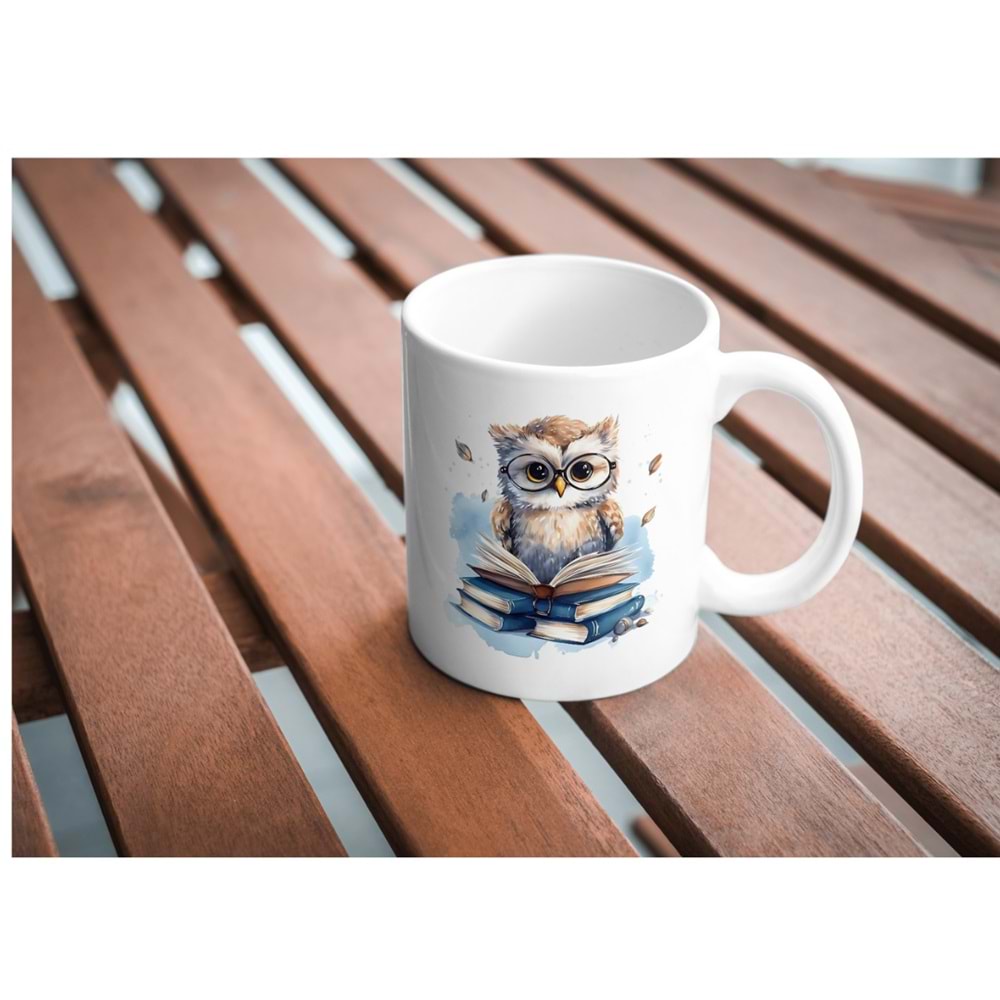 Win Ovro Premium Beyaz Porselen Hediye Kupa Bardak Çift Yönlü Baskı - Gözlüklü Baykuş Kitap