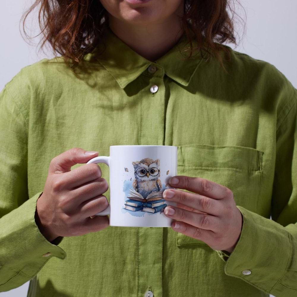 Win Ovro Premium Beyaz Porselen Hediye Kupa Bardak Çift Yönlü Baskı - Gözlüklü Baykuş Kitap