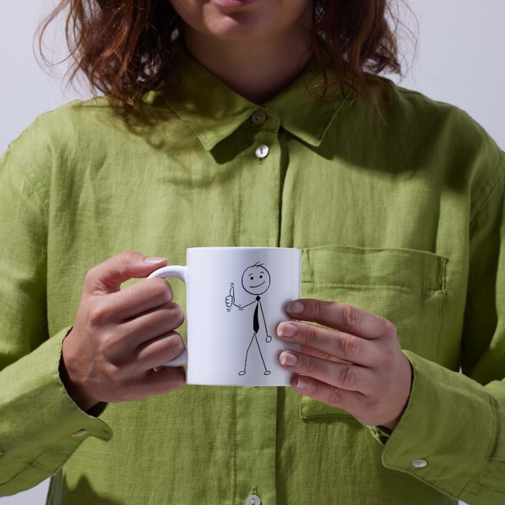 Win Ovro Premium Beyaz Porselen Hediye Kupa Bardak Çift Yönlü Baskı - Çizgiyle Anlat Çöp Adam Onay