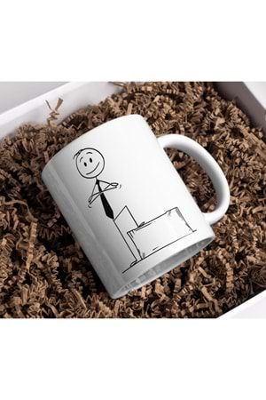 Win Ovro Premium Beyaz Porselen Hediye Kupa Bardak Çift Yönlü Baskı - Çizgiyle Anlat Çöp Adam Kararlı