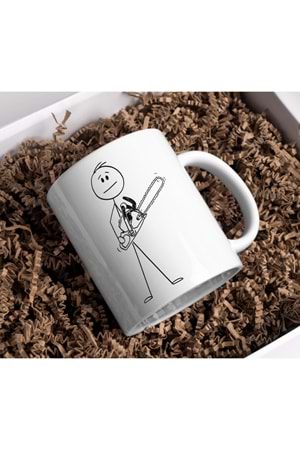 Win Ovro Premium Beyaz Porselen Hediye Kupa Bardak Çift Yönlü Baskı - Çizgiyle Anlat Çöp Adam Motor