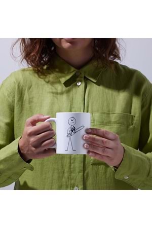 Win Ovro Premium Beyaz Porselen Hediye Kupa Bardak Çift Yönlü Baskı - Çizgiyle Anlat Çöp Adam Motor