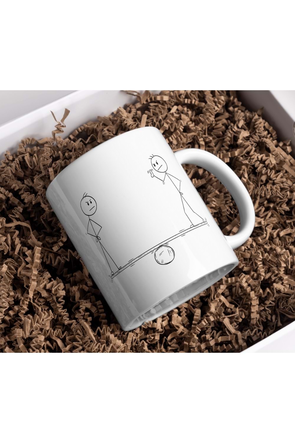 Win Ovro Premium Beyaz Porselen Hediye Kupa Bardak Çift Yönlü Baskı - Çizgiyle Anlat Çöp Adam Denge