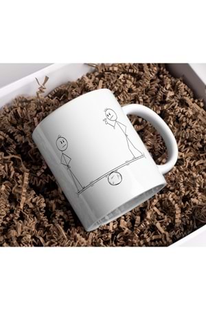 Win Ovro Premium Beyaz Porselen Hediye Kupa Bardak Çift Yönlü Baskı - Çizgiyle Anlat Çöp Adam Denge