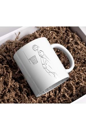 Win Ovro Premium Beyaz Porselen Hediye Kupa Bardak Çift Yön Baskı - Çizgiyle Anlat Çöp Adam Basket