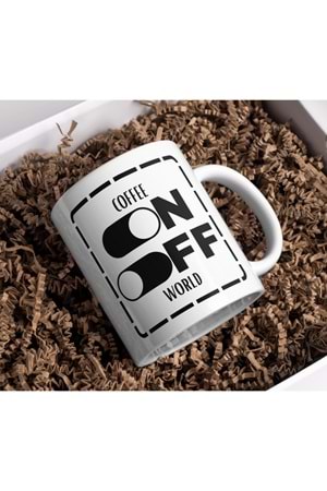 Win Ovro Premium Beyaz Porselen Hediye Kupa Bardak Çift Yön Baskı - Coffee On World Off