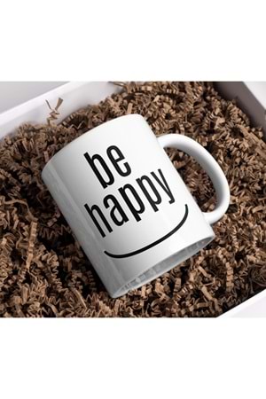 Win Ovro Premium Beyaz Porselen Hediye Kupa Bardak Çift Yön Baskı - Be Happy