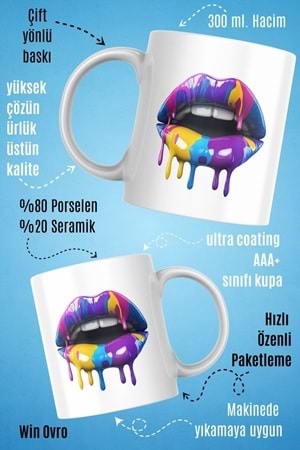Win Ovro Premium Beyaz Porselen Hediye Kupa Bardak Çift Yön Baskı - Sanatsal Dudaklar Artistic Lips