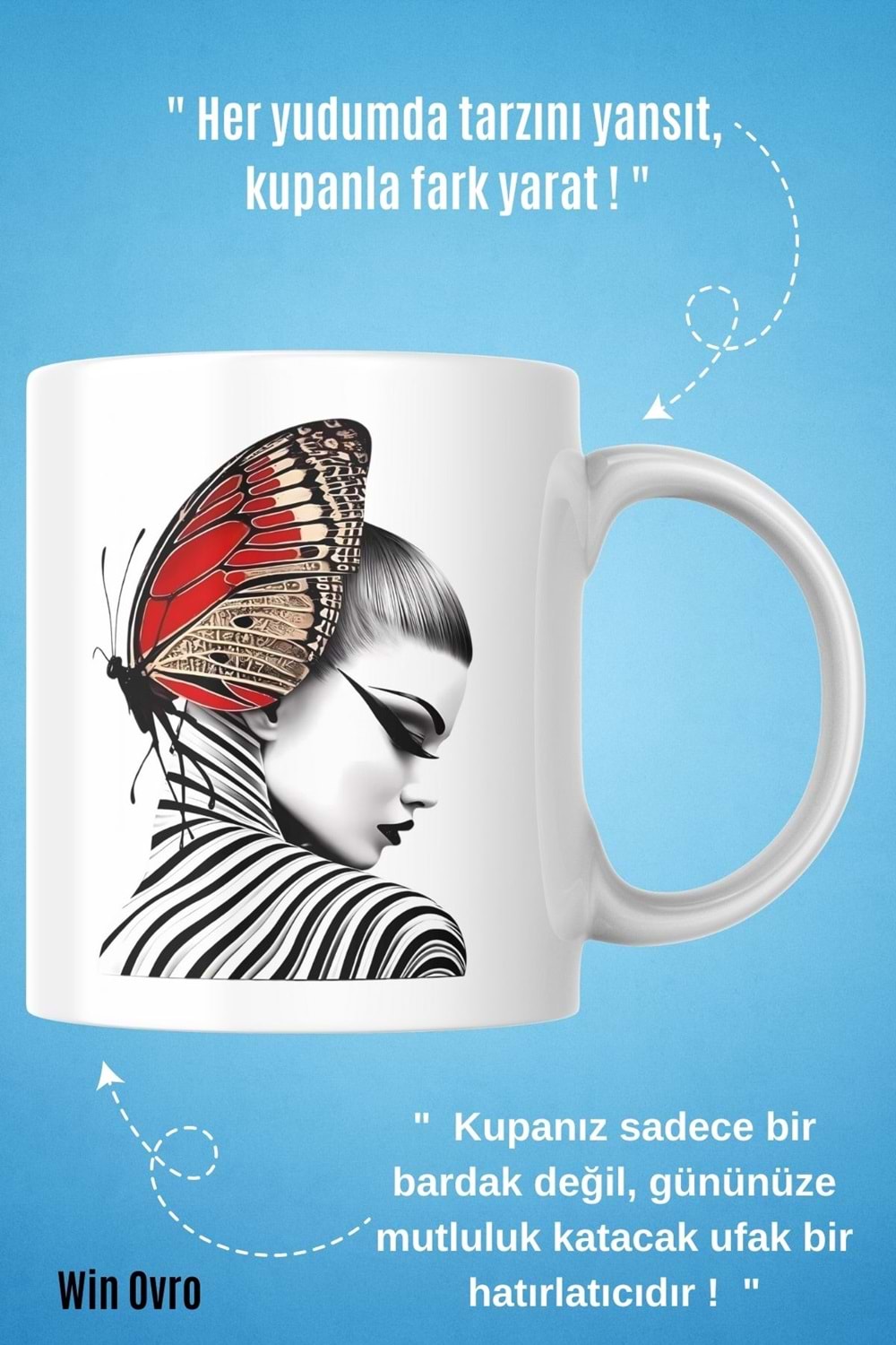 Win Ovro Premium Beyaz Porselen Hediye Kupa Bardak Çift Yön Baskı - Butterfly Effect Doğa ve Sanat