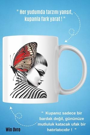 Win Ovro Premium Beyaz Porselen Hediye Kupa Bardak Çift Yön Baskı - Butterfly Effect Doğa ve Sanat