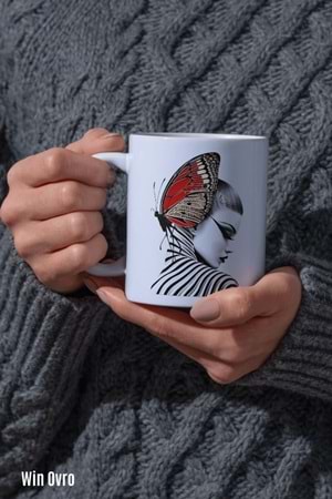 Win Ovro Premium Beyaz Porselen Hediye Kupa Bardak Çift Yön Baskı - Butterfly Effect Doğa ve Sanat