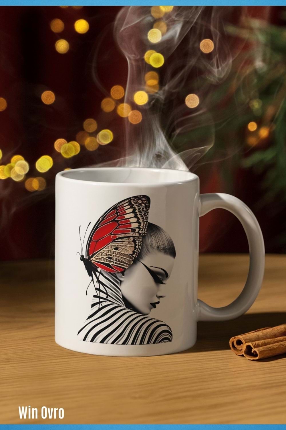 Win Ovro Premium Beyaz Porselen Hediye Kupa Bardak Çift Yön Baskı - Butterfly Effect Doğa ve Sanat