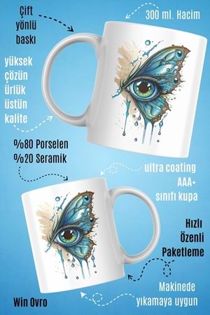 Win Ovro Premium Beyaz Porselen Hediye Kupa Bardak Çift Yön Baskı - Kelebek Kanadında Bir Göz