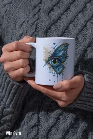 Win Ovro Premium Beyaz Porselen Hediye Kupa Bardak Çift Yön Baskı - Kelebek Kanadında Bir Göz