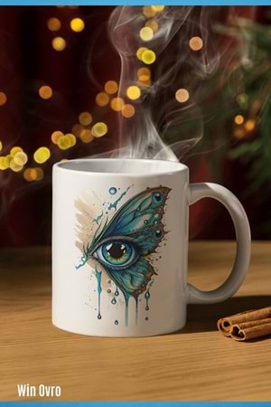 Win Ovro Premium Beyaz Porselen Hediye Kupa Bardak Çift Yön Baskı - Kelebek Kanadında Bir Göz