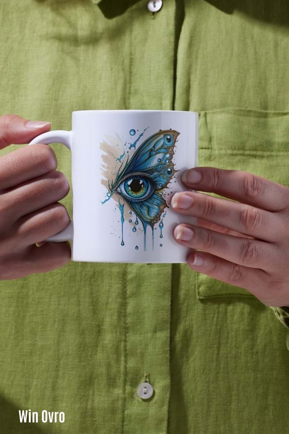 Win Ovro Premium Beyaz Porselen Hediye Kupa Bardak Çift Yön Baskı - Kelebek Kanadında Bir Göz