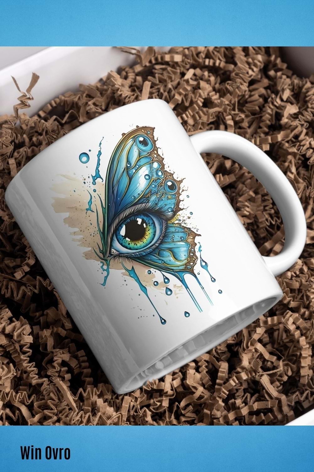 Win Ovro Premium Beyaz Porselen Hediye Kupa Bardak Çift Yön Baskı - Kelebek Kanadında Bir Göz