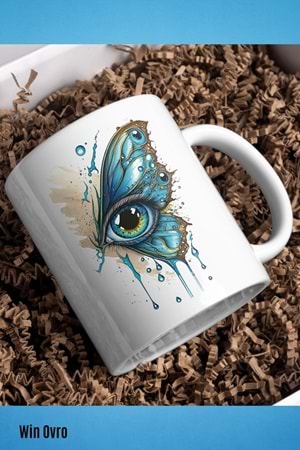 Win Ovro Premium Beyaz Porselen Hediye Kupa Bardak Çift Yön Baskı - Kelebek Kanadında Bir Göz