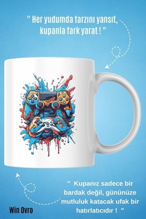 Win Ovro Premium Beyaz Porselen Hediye Kupa Bardak Çift Yön Baskı - Joystick Fırtınası PS Kol Art