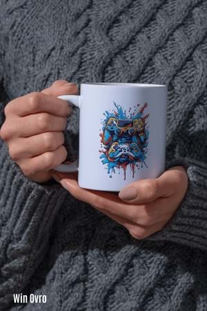 Win Ovro Premium Beyaz Porselen Hediye Kupa Bardak Çift Yön Baskı - Joystick Fırtınası PS Kol Art