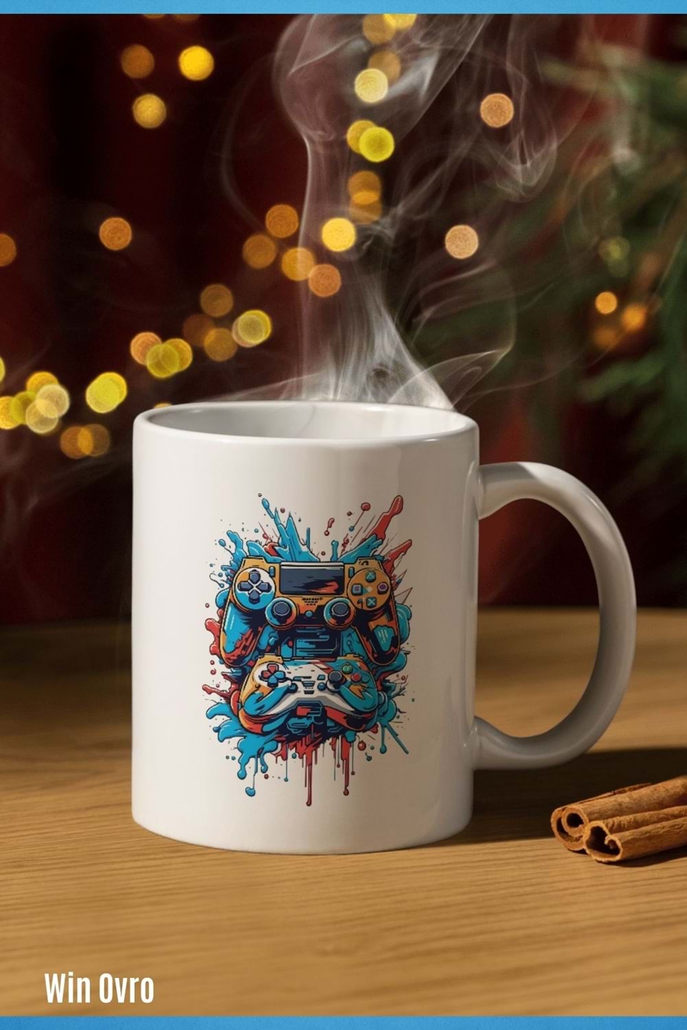 Win Ovro Premium Beyaz Porselen Hediye Kupa Bardak Çift Yön Baskı - Joystick Fırtınası PS Kol Art