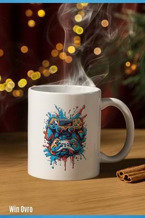 Win Ovro Premium Beyaz Porselen Hediye Kupa Bardak Çift Yön Baskı - Joystick Fırtınası PS Kol Art