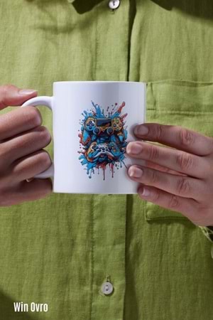 Win Ovro Premium Beyaz Porselen Hediye Kupa Bardak Çift Yön Baskı - Joystick Fırtınası PS Kol Art