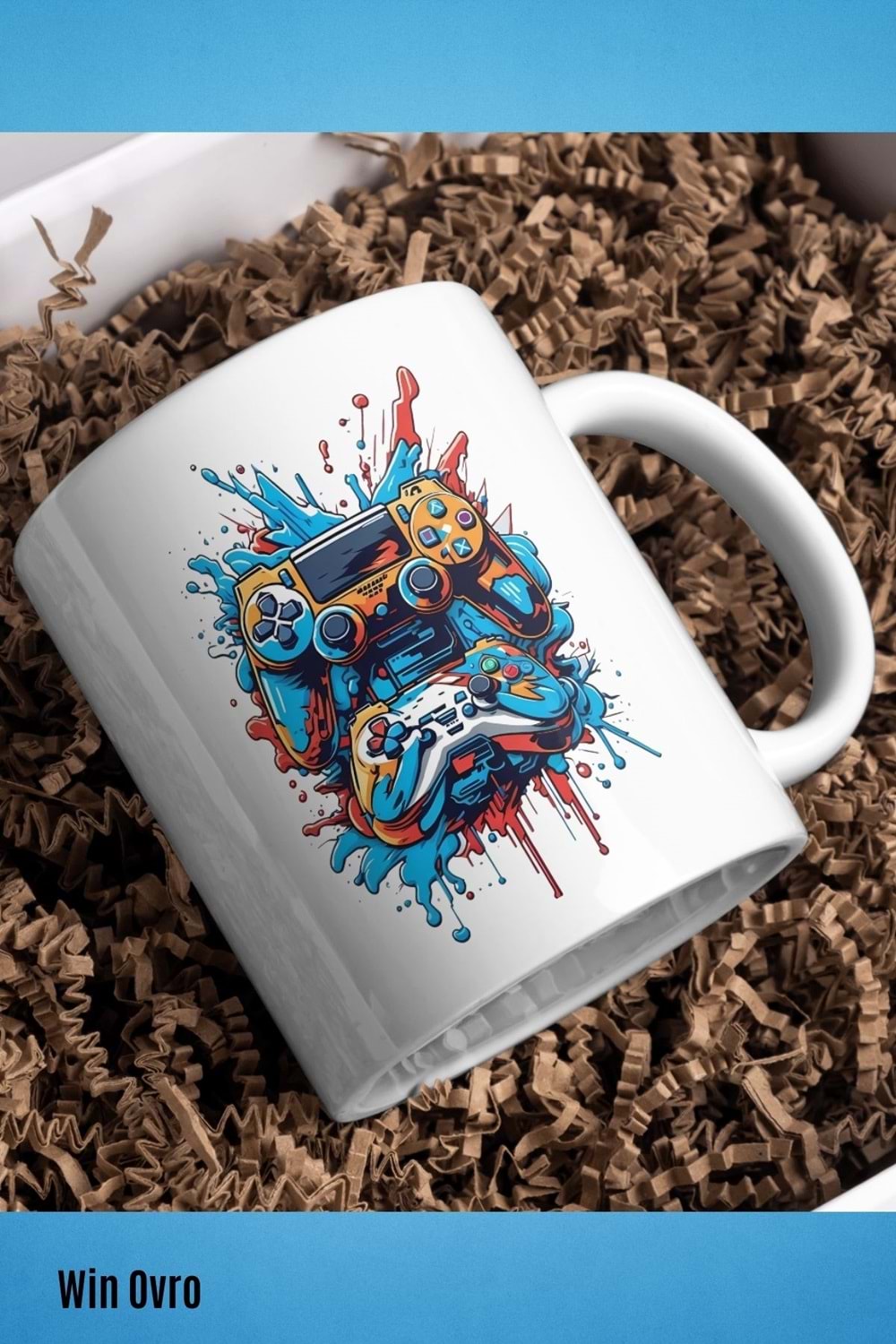 Win Ovro Premium Beyaz Porselen Hediye Kupa Bardak Çift Yön Baskı - Joystick Fırtınası PS Kol Art