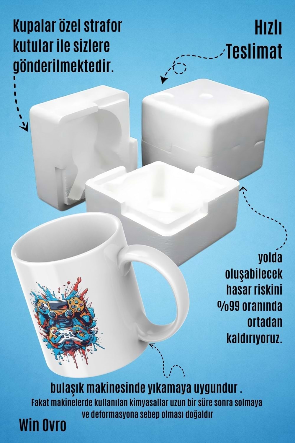 Win Ovro Premium Beyaz Porselen Hediye Kupa Bardak Çift Yön Baskı - Joystick Fırtınası PS Kol Art