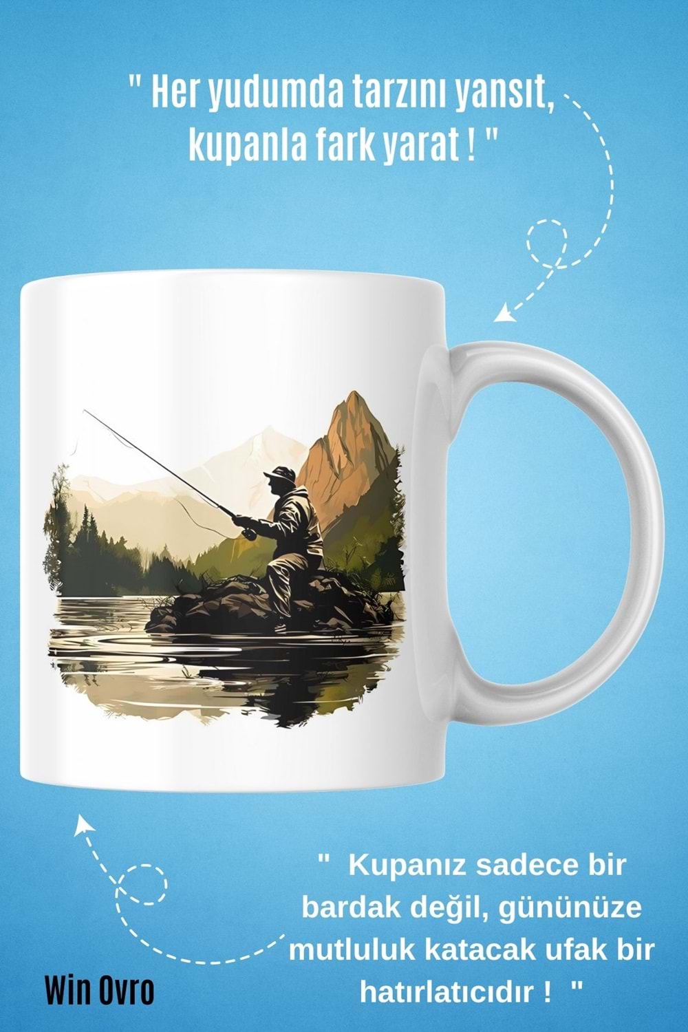 Win Ovro Premium Beyaz Porselen Hediye Kupa Bardak Çift Yön Baskı - Huzurun Doğası Nature Of Fish