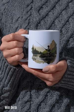 Win Ovro Premium Beyaz Porselen Hediye Kupa Bardak Çift Yön Baskı - Huzurun Doğası Nature Of Fish