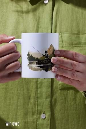 Win Ovro Premium Beyaz Porselen Hediye Kupa Bardak Çift Yön Baskı - Huzurun Doğası Nature Of Fish