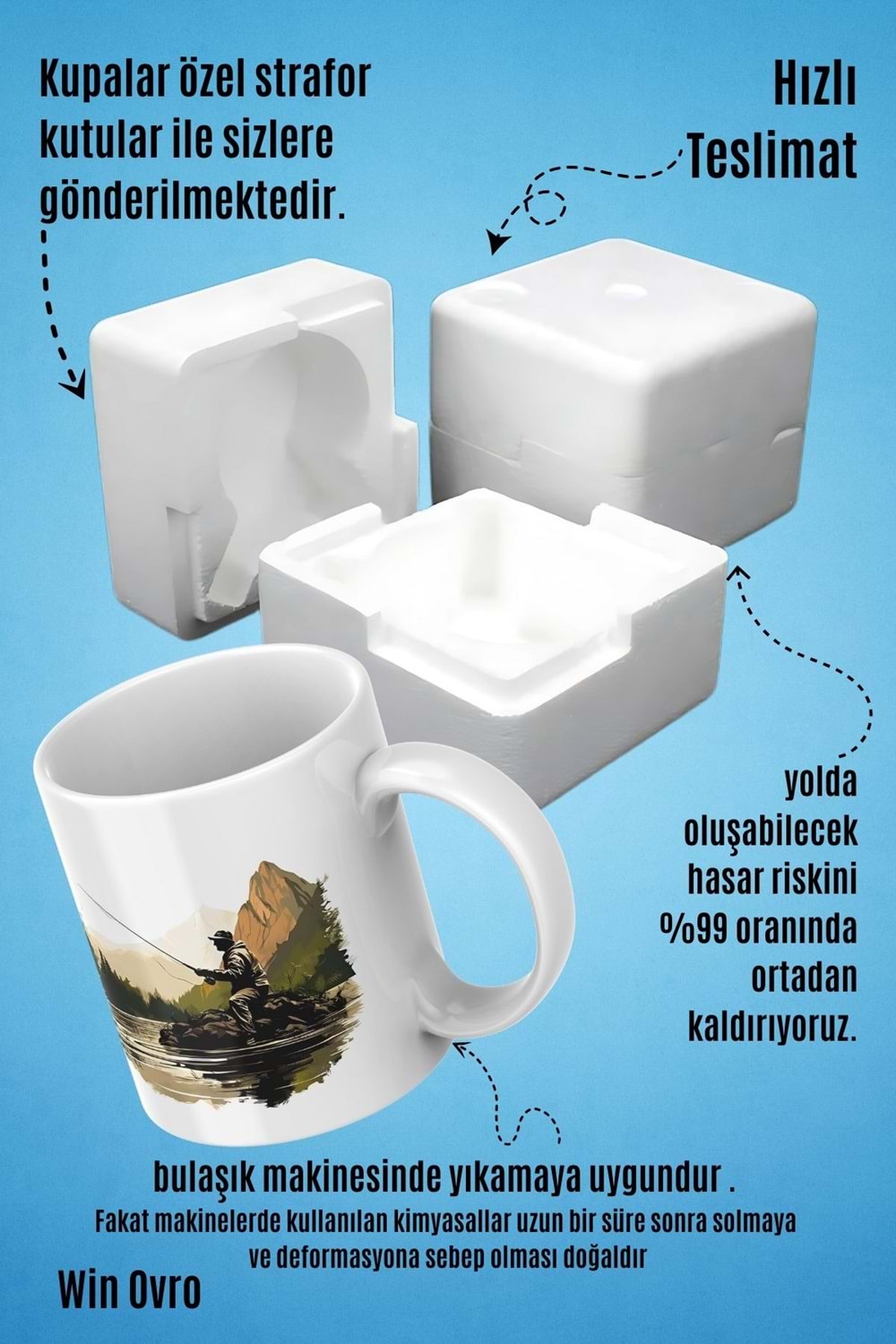 Win Ovro Premium Beyaz Porselen Hediye Kupa Bardak Çift Yön Baskı - Huzurun Doğası Nature Of Fish