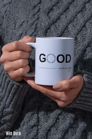 Win Ovro Premium Beyaz Porselen Hediye Kupa Bardak Çift Yön Baskı - Good Morning