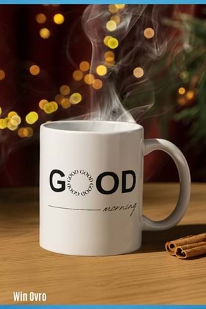 Win Ovro Premium Beyaz Porselen Hediye Kupa Bardak Çift Yön Baskı - Good Morning