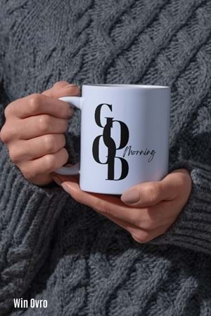 Win Ovro Premium Beyaz Porselen Hediye Kupa Bardak Çift Yön Baskı - Good Morning Style