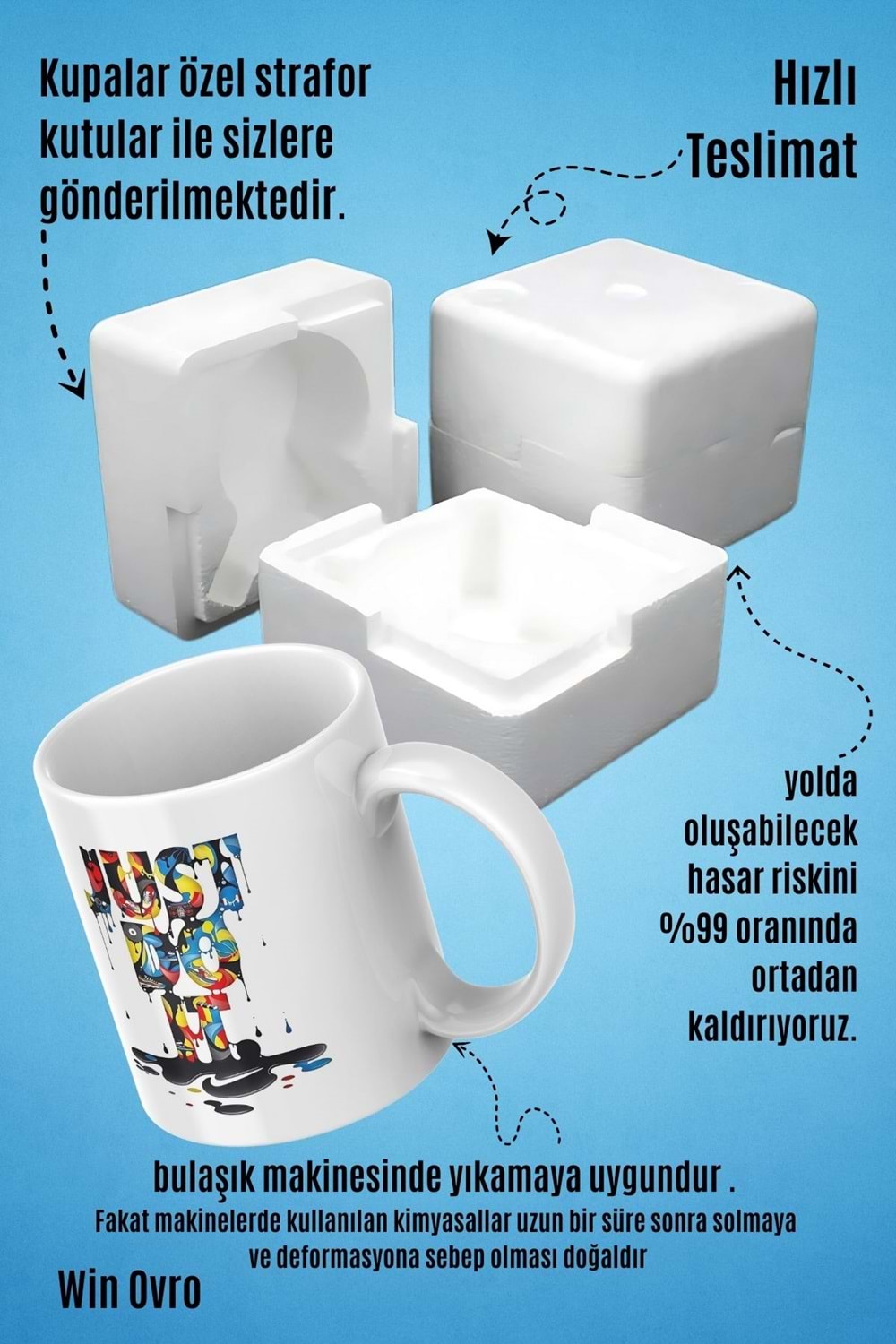 Win Ovro Premium Beyaz Porselen Hediye Kupa Bardak Çift Yön Baskı - Just Do it
