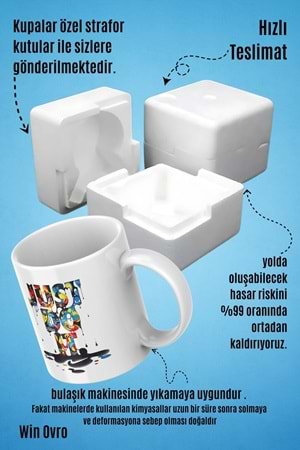 Win Ovro Premium Beyaz Porselen Hediye Kupa Bardak Çift Yön Baskı - Just Do it