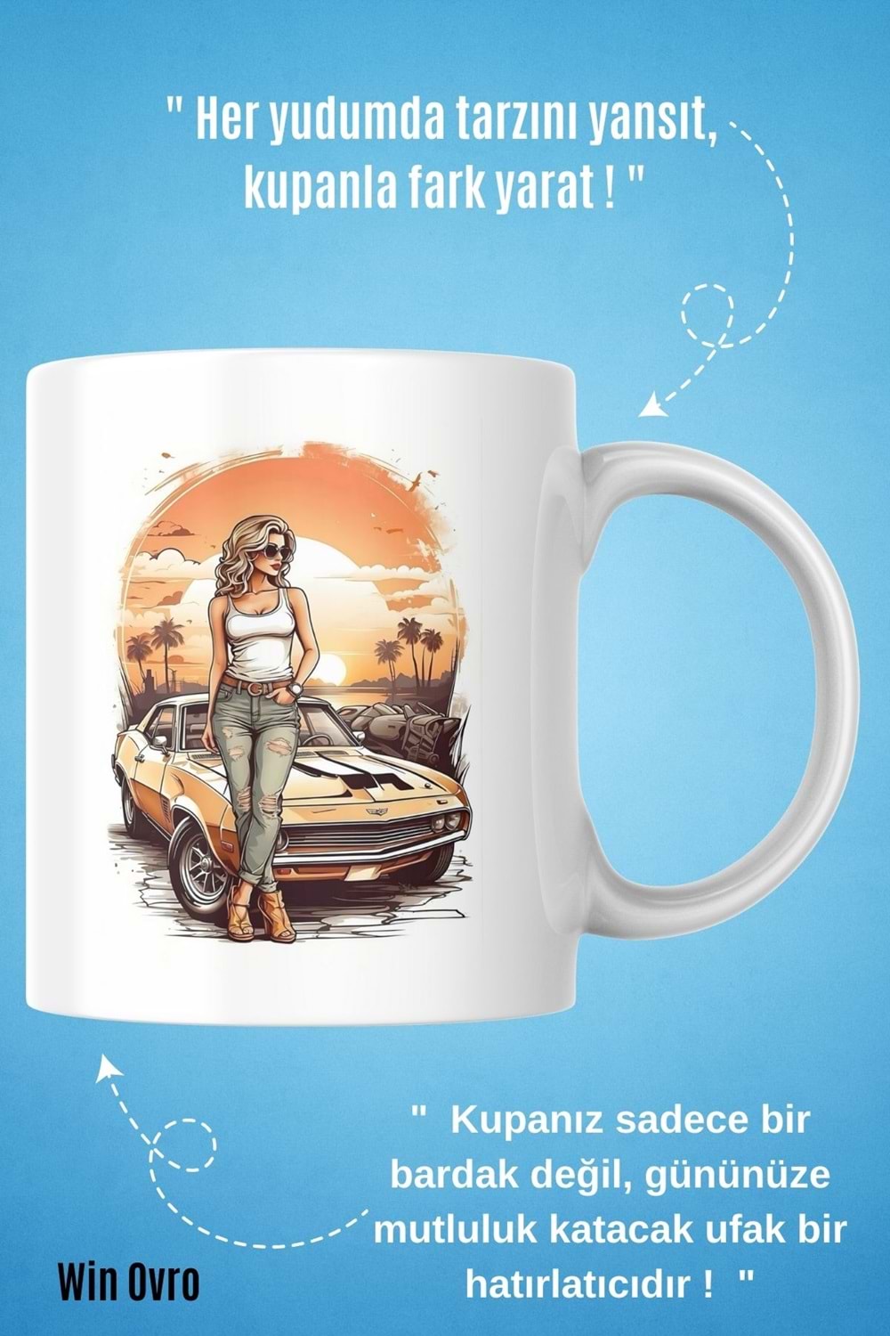 Win Ovro Premium Beyaz Porselen Hediye Kupa Bardak Çift Yön Baskı - Sun Car Beauty Güzele Güneş