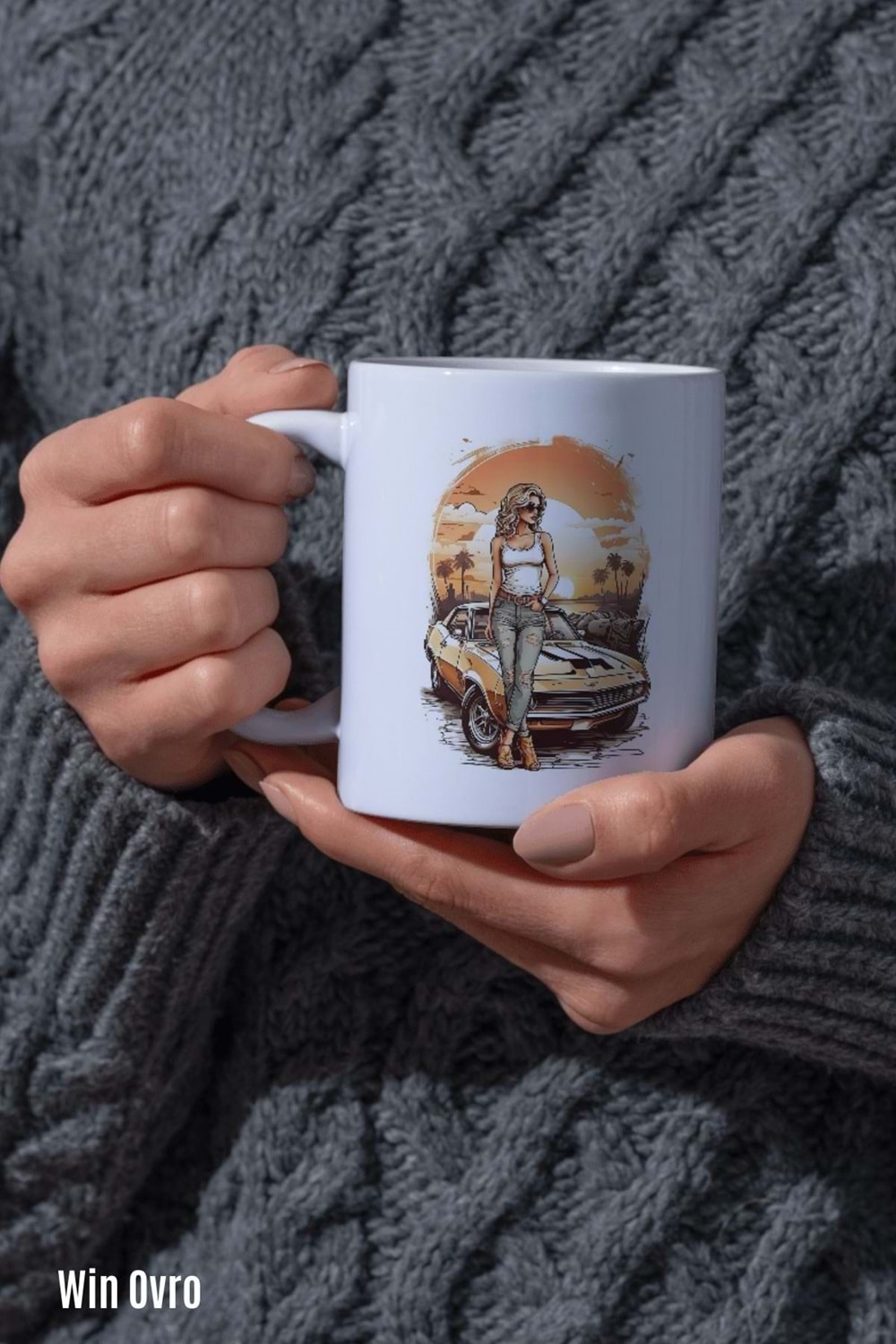 Win Ovro Premium Beyaz Porselen Hediye Kupa Bardak Çift Yön Baskı - Sun Car Beauty Güzele Güneş