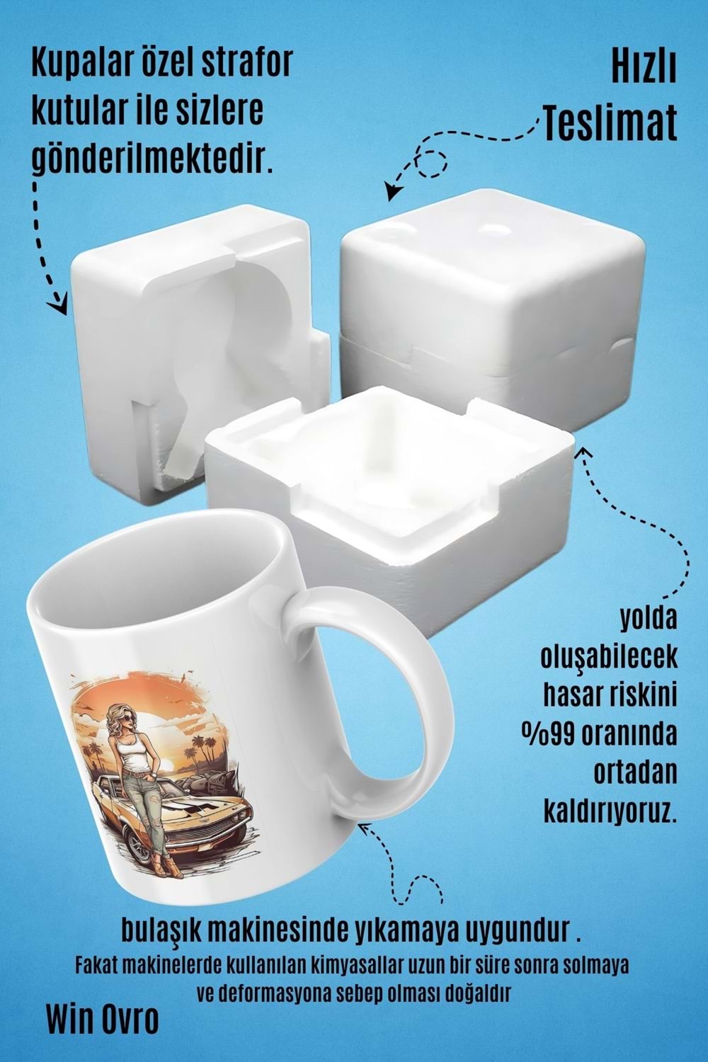 Win Ovro Premium Beyaz Porselen Hediye Kupa Bardak Çift Yön Baskı - Sun Car Beauty Güzele Güneş