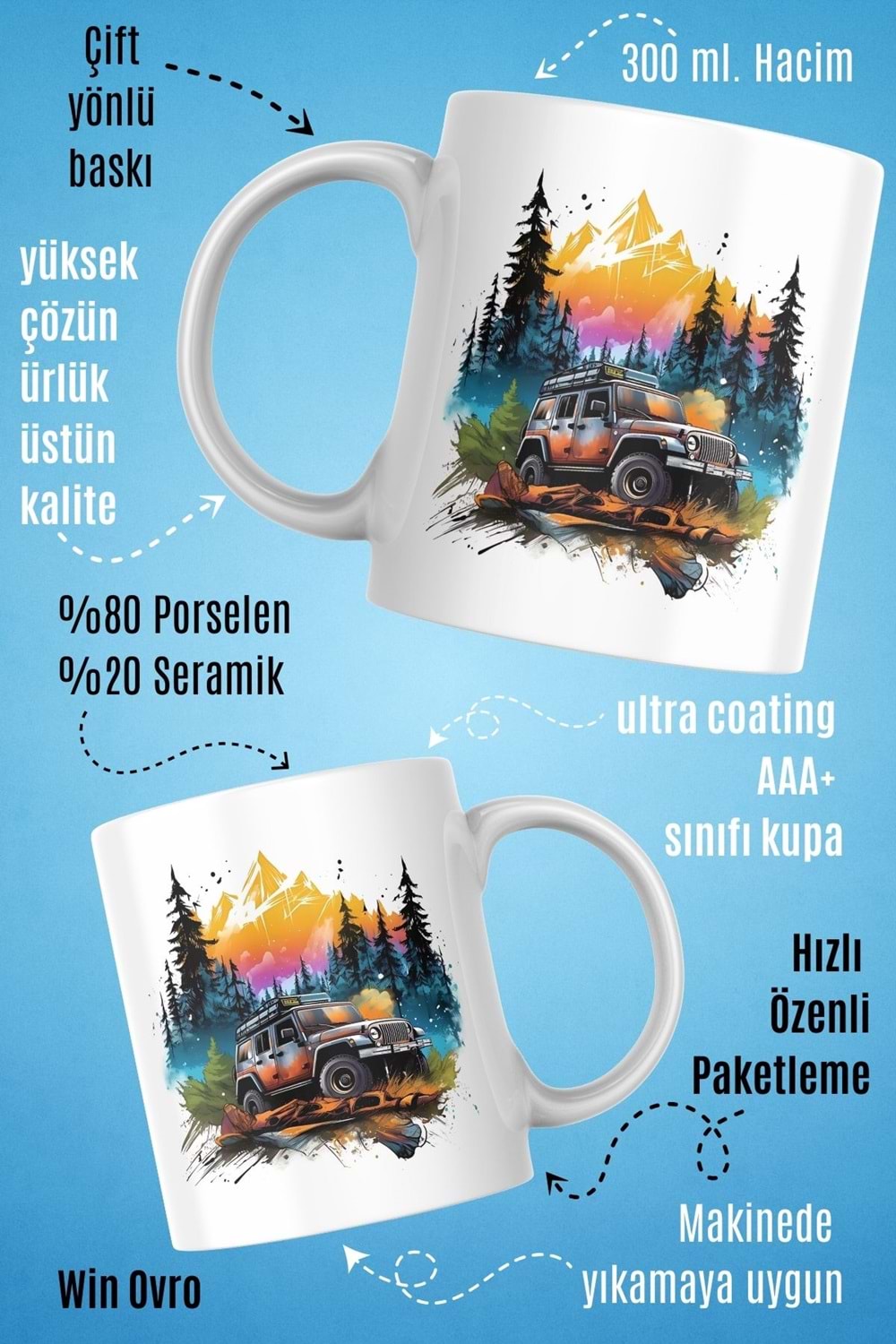 Win Ovro Premium Beyaz Porselen Hediye Kupa Bardak Çift Yön Baskı - Nature Car Off Road Jeep