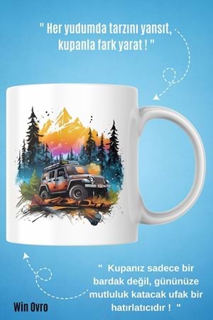 Win Ovro Premium Beyaz Porselen Hediye Kupa Bardak Çift Yön Baskı - Nature Car Off Road Jeep