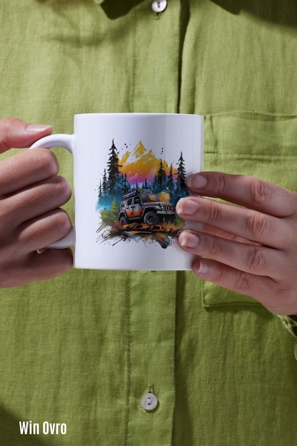 Win Ovro Premium Beyaz Porselen Hediye Kupa Bardak Çift Yön Baskı - Nature Car Off Road Jeep
