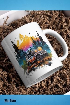 Win Ovro Premium Beyaz Porselen Hediye Kupa Bardak Çift Yön Baskı - Nature Car Off Road Jeep