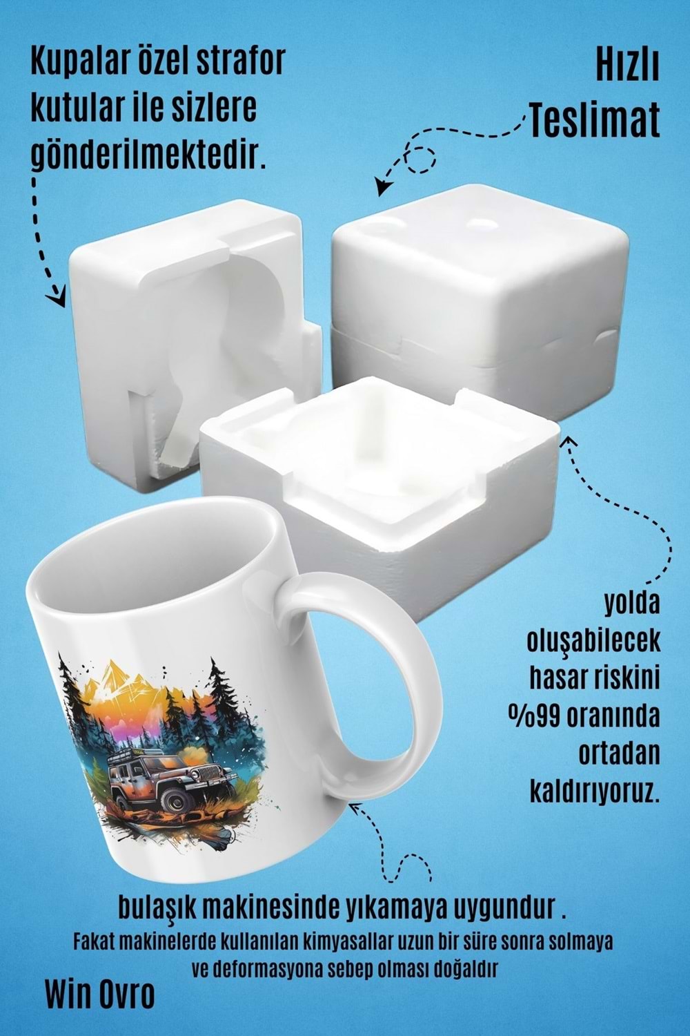 Win Ovro Premium Beyaz Porselen Hediye Kupa Bardak Çift Yön Baskı - Nature Car Off Road Jeep