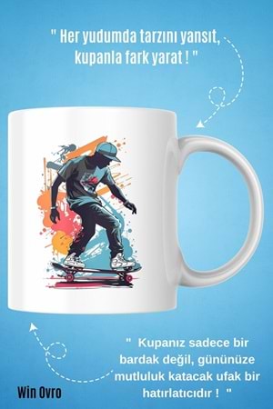 Win Ovro Premium Beyaz Porselen Hediye Kupa Bardak Çift Yön Baskı - Graffiti Skater Rengine KayKay