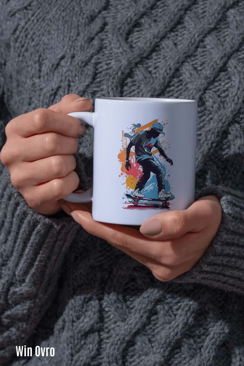 Win Ovro Premium Beyaz Porselen Hediye Kupa Bardak Çift Yön Baskı - Graffiti Skater Rengine KayKay