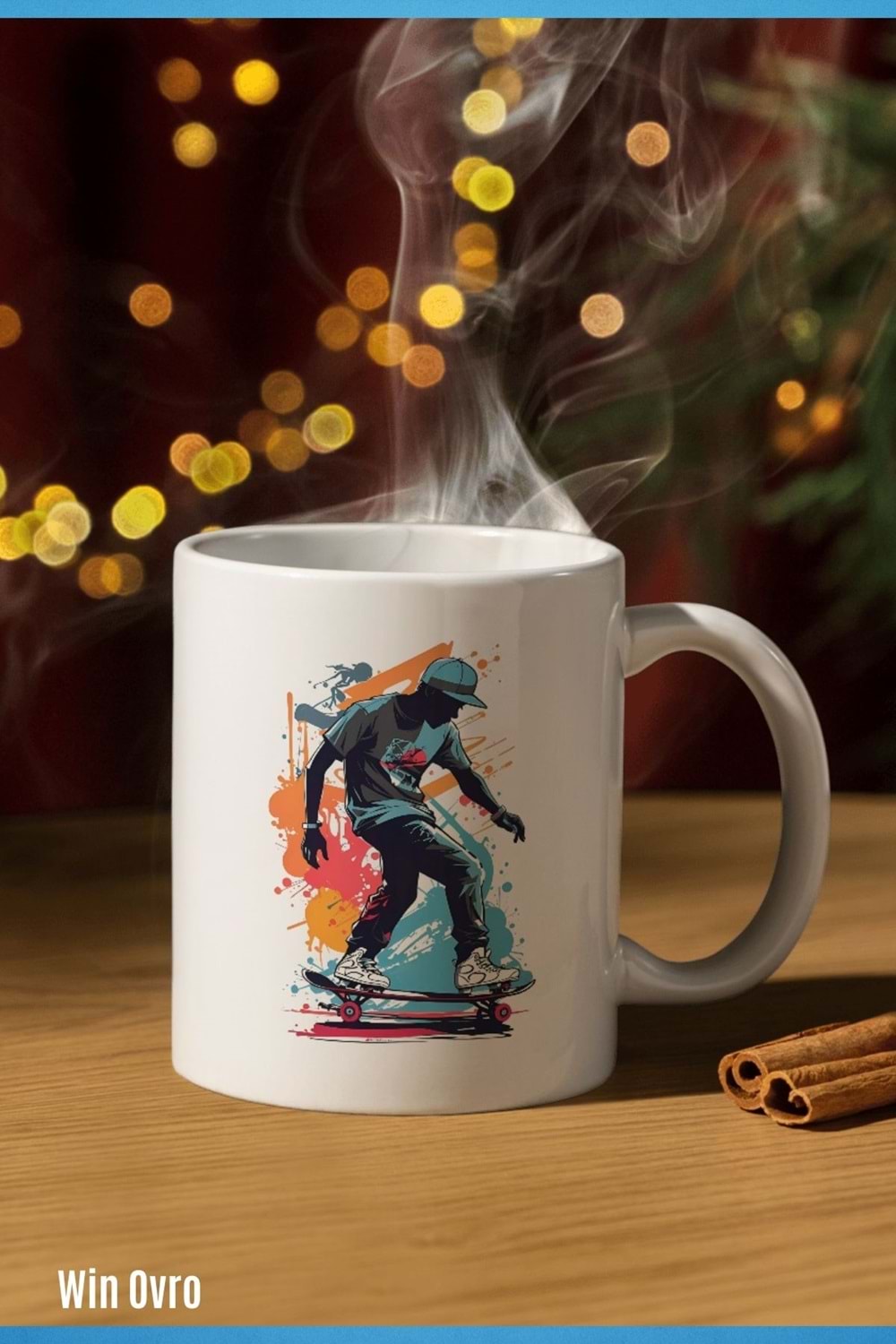 Win Ovro Premium Beyaz Porselen Hediye Kupa Bardak Çift Yön Baskı - Graffiti Skater Rengine KayKay